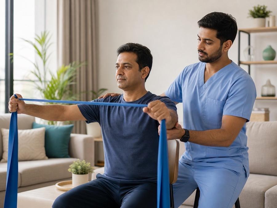 Physiotherapist guiding a patient through a resistance band exercise at home